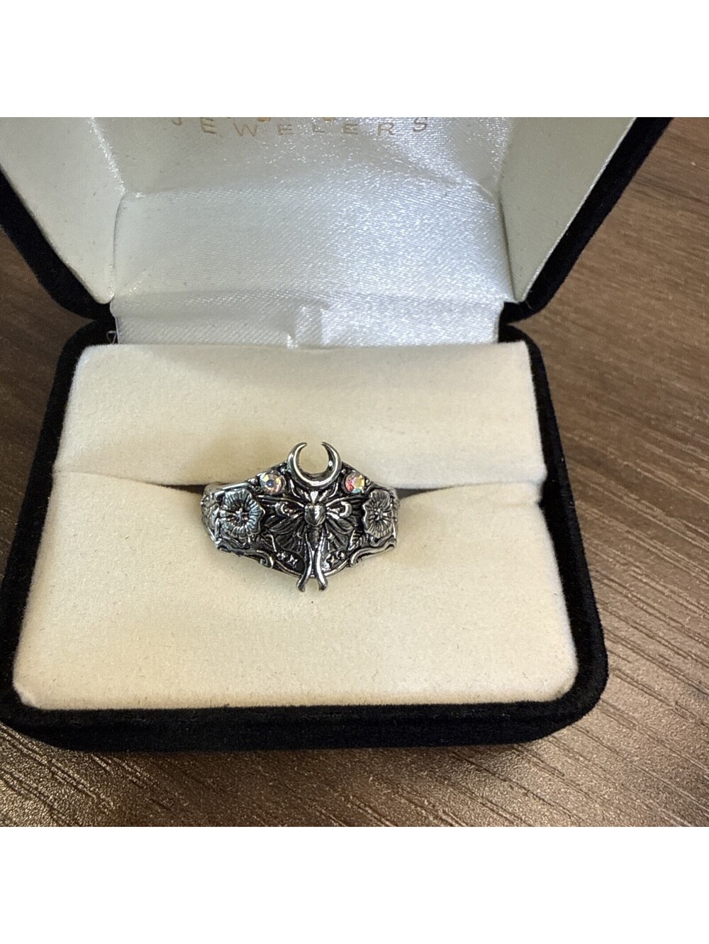 Lunar Moth Ring Size 9 Silver Tone Stainless Steel Gothic Witchy Moon